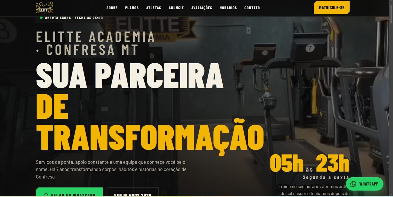 Página inicial do site da Elitte Academia, em Confresa, com foto da área de musculação