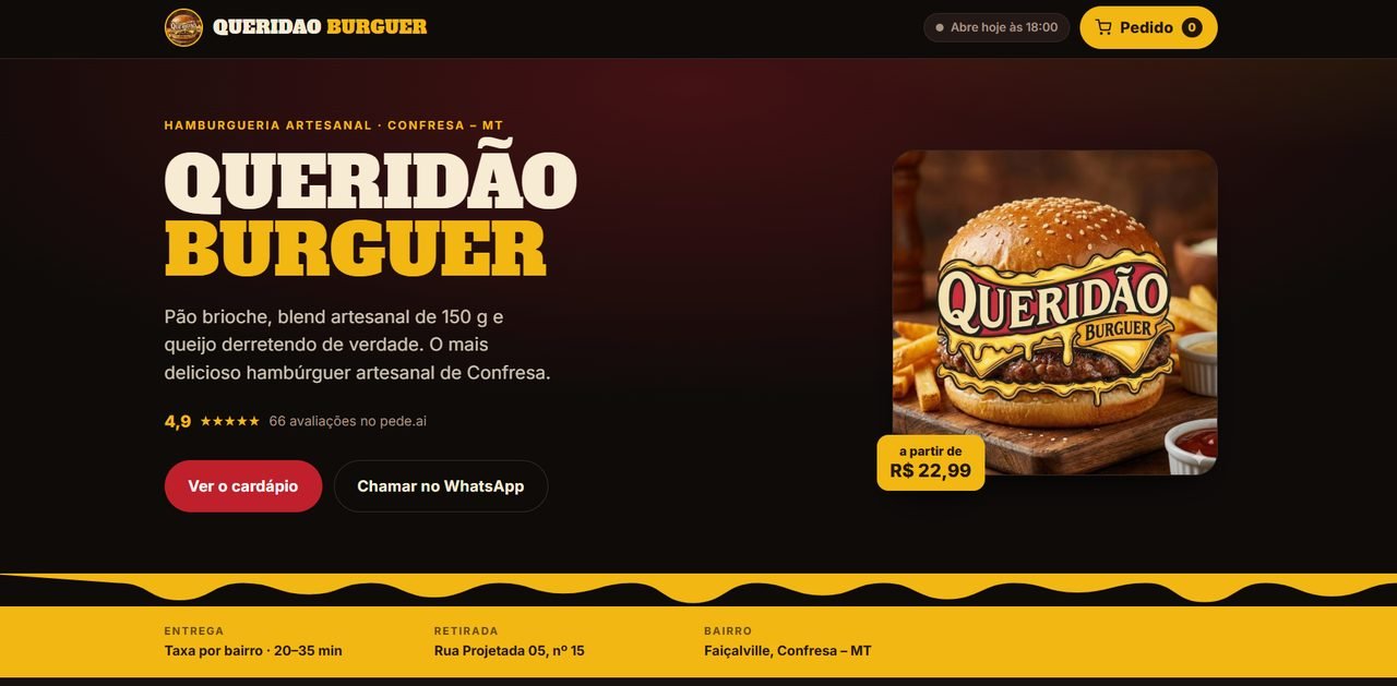 Página inicial do site da Queridão Burguer, hamburgueria artesanal, com foto do hambúrguer e chamada para o cardápio